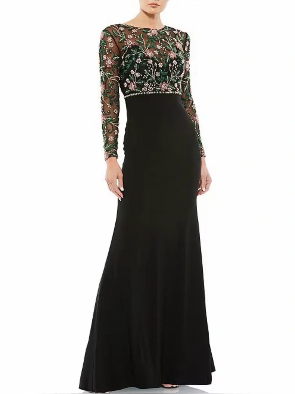 Mac Duggal 67870 Size 14 Floral Beaded Mesh Illusion Trumpet Gown Dress Black - Picture 1 of 16